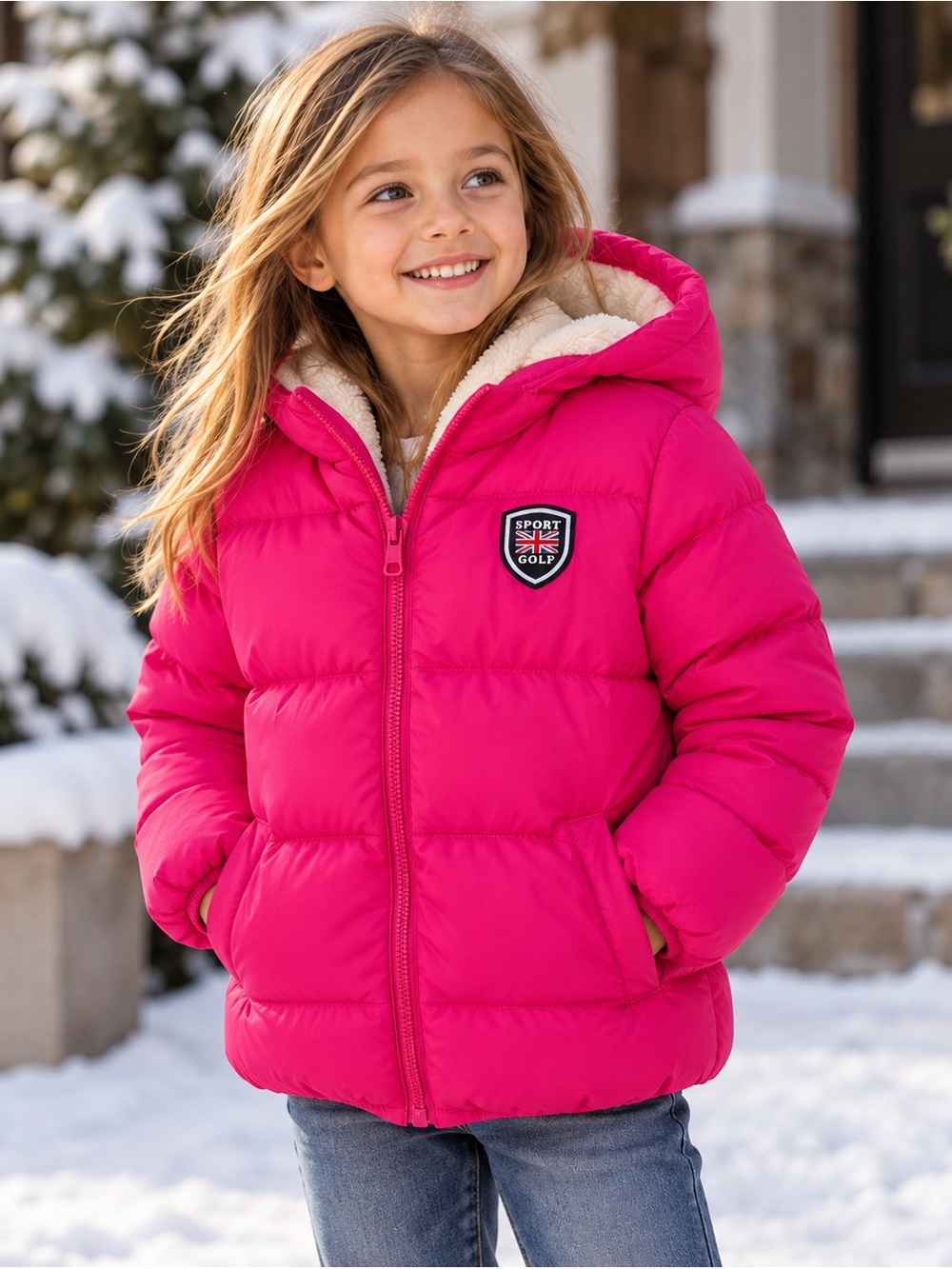KIDS Sport Golf Girls Hot Pink Puffer Jacket Sherpa Lined Hooded Size 120